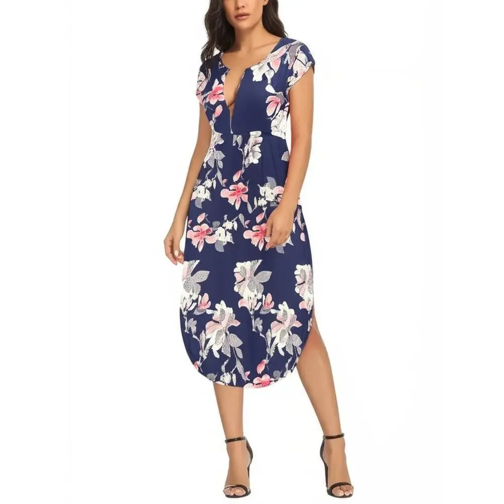 SHEIN Dress Womens Size L Navy Blue Floral Print‎ Short Sleeve Split V-Neck